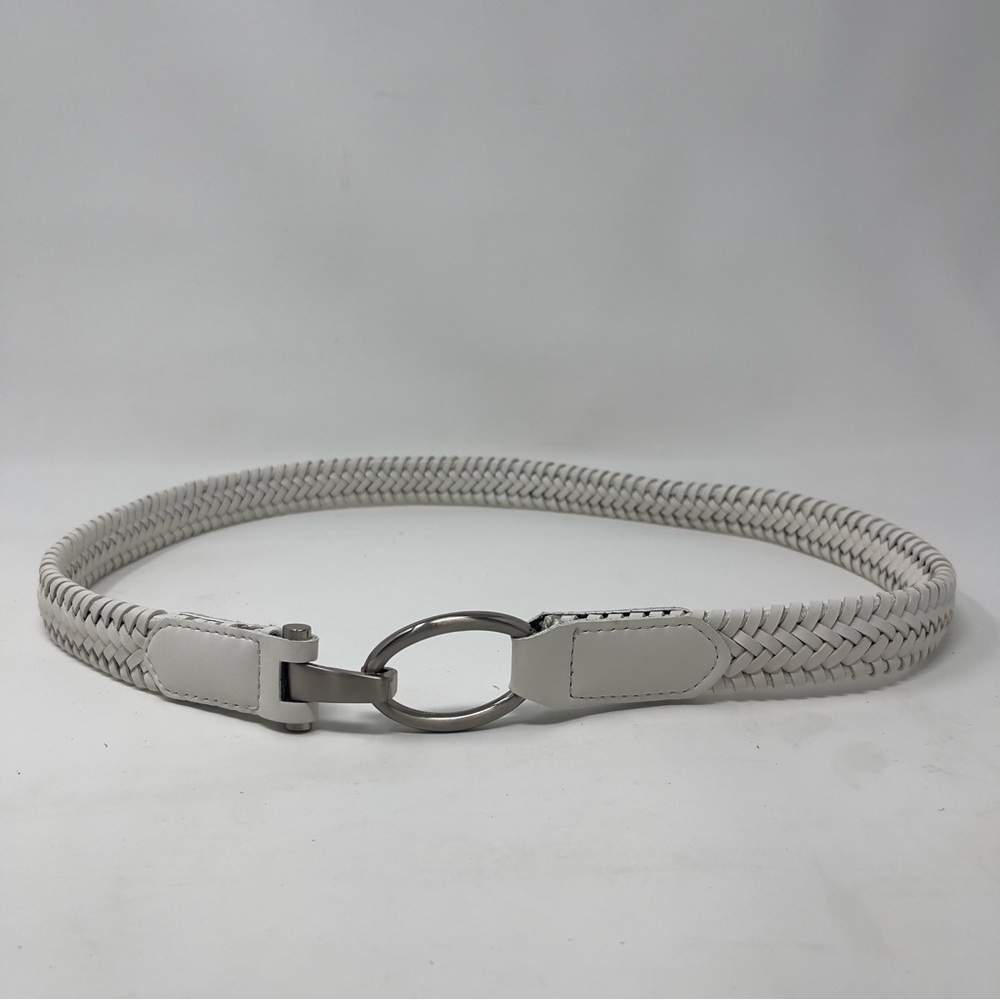 Vintage White Braided Leather Belt Silver Ring Buckle, Minimalist - Picture 3 of 5